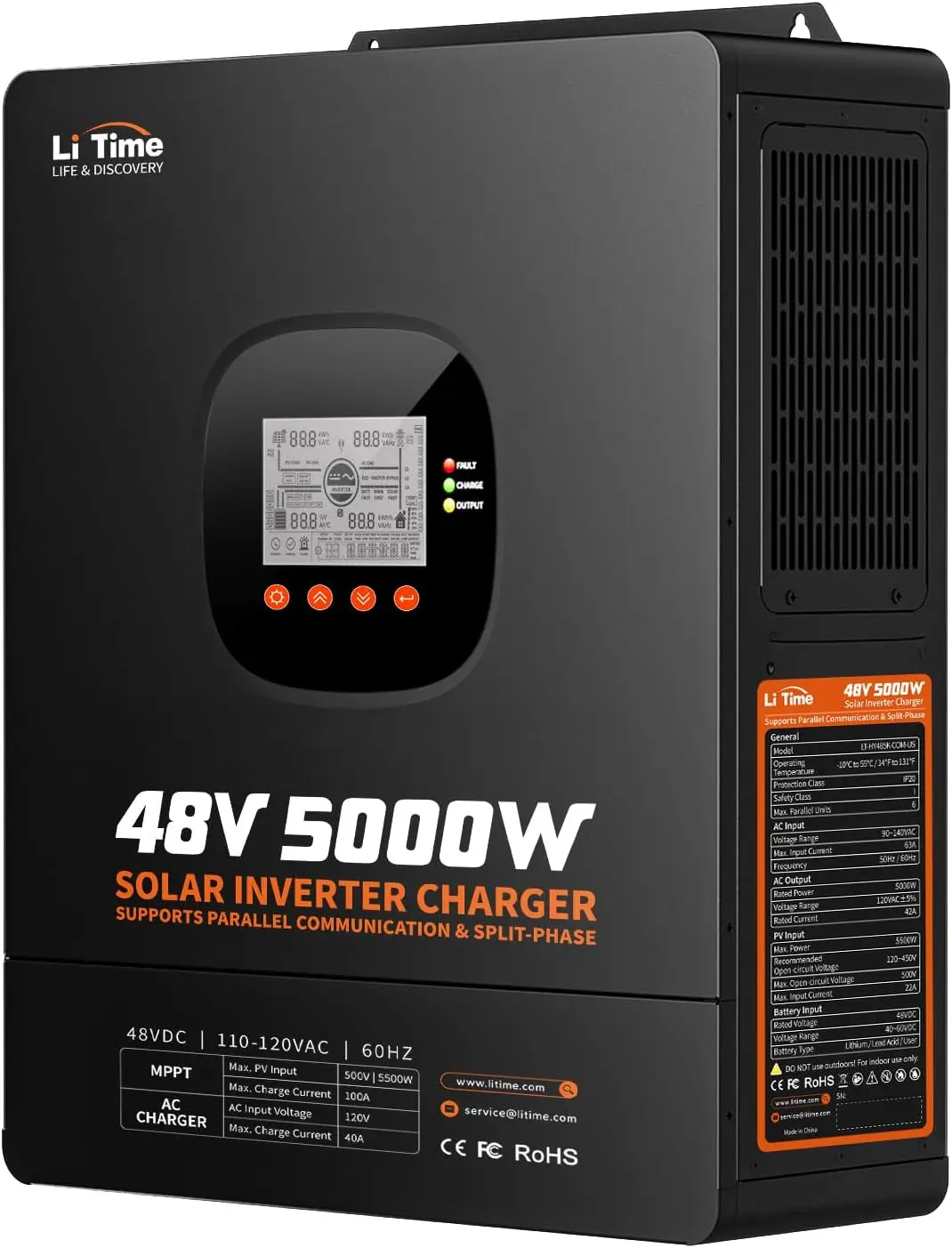 Parallel Solar Inverter 48V 5000W Mppt - อินเวอร์เตอร์ไฮบริดพลังงานแสงอาทิตย์ LiTime 5000W พร้อมฟังก์ชันชาร์จ, อินเวอร์เตอร์คลื่นไซน์บริสุทธิ์ 48V